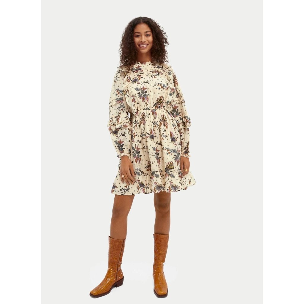 Scotch & Soda Floral Print Ruffle Dress Creamy Ivory Long Sleeve Mini Boho Large